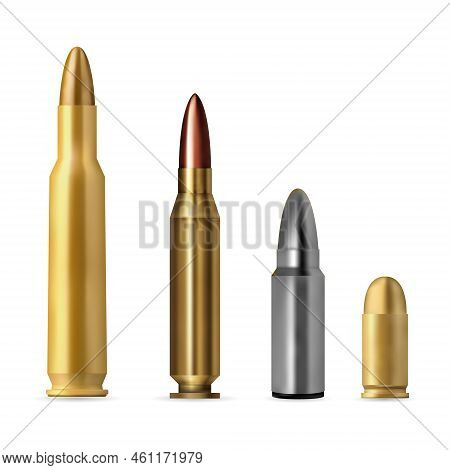 Various Types And Sizes Of Ammunition For Weapons. Realistic Set Of Bullets And Cartridges On A Whit