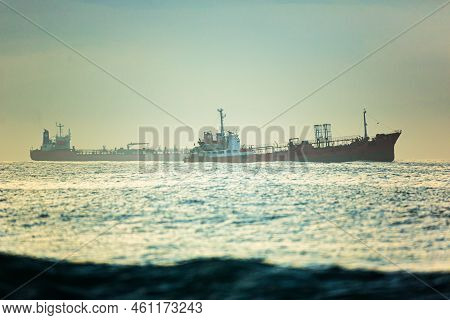 Two Tanker Ships Stand On The Roadstead Of The Bay At Dawn. Vladivostok, Russia