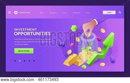 Investment, Saving Money, Finance Growth Concept. Vector 3d Isometric Illustration Of Green Arrow An
