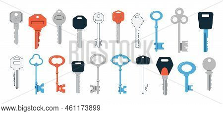 Doodle Keys. Cartoon Abstract Vintage And Modern Keys Of Various Shapes And Colors, Minimalistic Sec