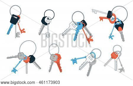 Bunch Of Keys. Doodle Abstract Vintage And Modern Keys With Different Heads Key Rings And Key Holder
