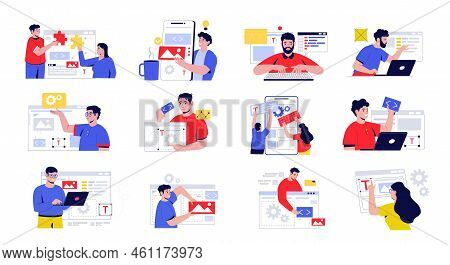 Software Development Characters. People Working On Front-end And Back-end Web Program, Mobile Applic