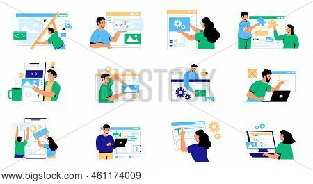 Web Development Concept. Modern Characters Creating Mobile Web Page, Software Developers Working On 