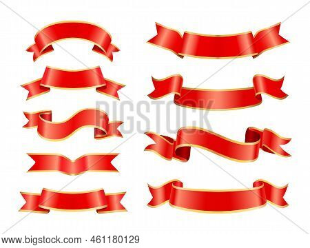 Glossy Silk Or Satin Decorative Waviness Ribbon Types Isolated. Old Heraldic Vector Curled Tapes And