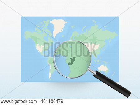 Map Of The World With A Magnifying Glass Aimed At Congo, Searching Congo With Loupe. Vector Map.