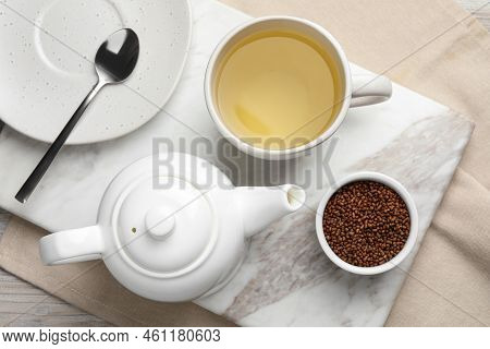 Freshly Made Buckwheat Tea And Granules On Table, Top View