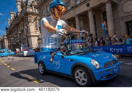 Lausanne, Vaud Canton, Switzerland -09 July, 2022: Passage Of An Advertising Car Of Krys Audition Gr