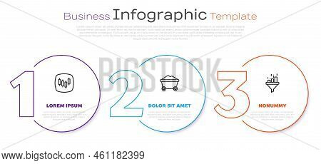 Set Line Browser With Stocks Market, Coal Mine Trolley And Sales Funnel Chart. Business Infographic 