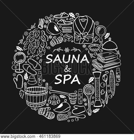 Sauna And Spa Accessories On A Black Background In A Circle