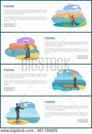 Fishing Website Landing Page Sample With Text And Fishery Situations. Rodman Throwing Tackle, Man Wi