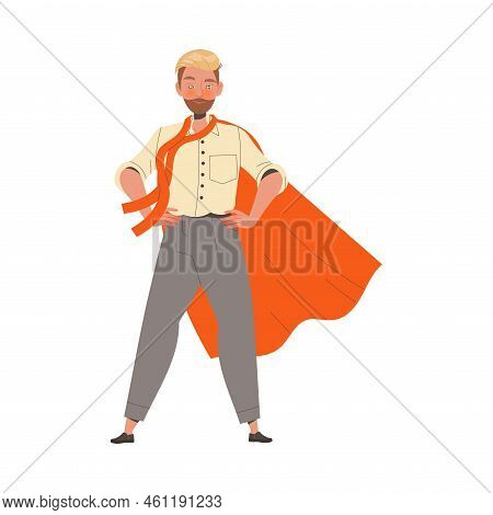 Bearded Man Office Employee Standing In Superhero Cloak With Hands On Hips Vector Illustration