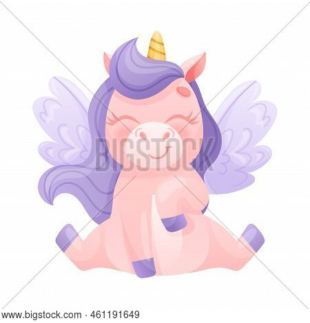 Cute Winged Unicorn With Twisted Horn And Purple Mane Sitting And Smiling Vector Illustration