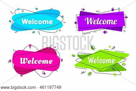 Welcome Geometric Memphis Sticker Color Flat Set. Different Font Shape Line Dot Circle Zigzag Rectan