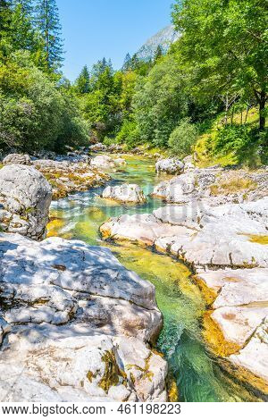Clear Water Of Soca River At Small Soca Gorge, Julian Alps, Slovenia
