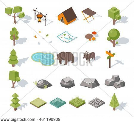 Isometric 3d Forest Camping Elements For Landscape Design. Tent And Deer, Camp And Bear, Butterflies