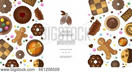 Flat Sweet Products Colorful Template With Dark Press Gingerbread Chess Dipped Chocolate Cookies Cra