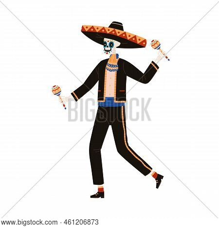 Happy Mariachi Skeleton In Sombrero Hat Playing Maracas For El Dia De Los Muertos, Day Of Dead In Me