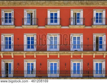 Close Up Of Houses On Plaza Mayor Square Surrounded By Cafes And Restaurants Along The Arches With P