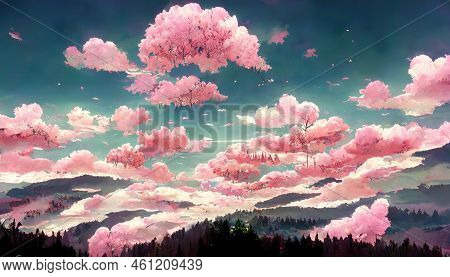Anime Style Forest With Nice Clouds And Pink Sky