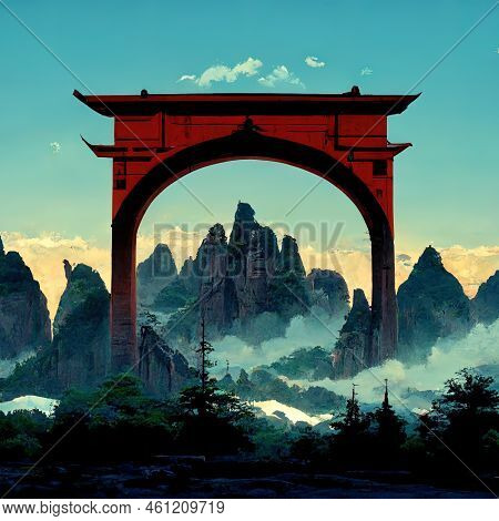 Chinese Arch Against The Background Of Mountains Anime