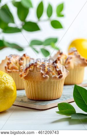 Soffioni - Traditional Ricotta Cheese And Lemon Cakes. Concept Of Sweet And Easter National Pastries