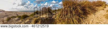 Highangle Panorama From A Dune With Sawgrass At The Beach Of Koksijde At The Belgian Coast In Warm A