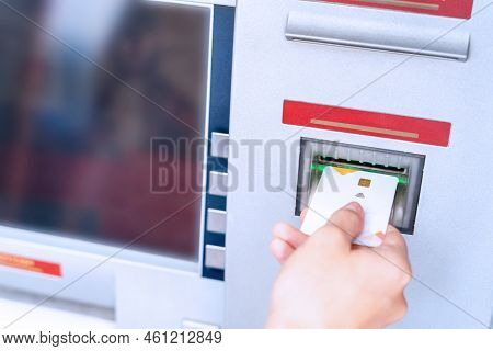 Atm Machine Cash. Money Bank Credit Card Holding Hand. Withdraw Money Cash From Atm. Bank Credit Car