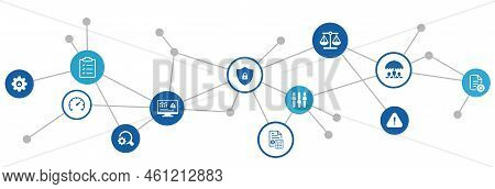 : Risk Management Vector Illustration. Concept With Icons Related To Risk Analysis Or Risk Assessmen