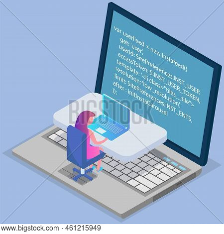 Young Programmer Coding New Project On Big Laptop With Command Line. Woman Looking At Computer Scree