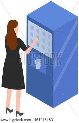 Woman Buying Water In Automatic Vending Machine. Girl Using Public Apparatus To Take Drink. Equipmen