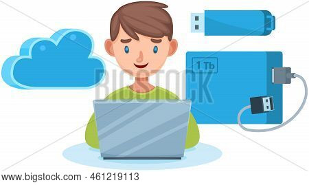 Man Sitting Using Laptop Working In Field Of Cloud Storage, Save Information To Flash Drive. Chattin