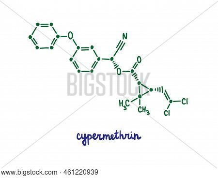 Cypermethrin Hand Drawn Vector Formula Chemical Structure Lettering Blue Green Insecticide
