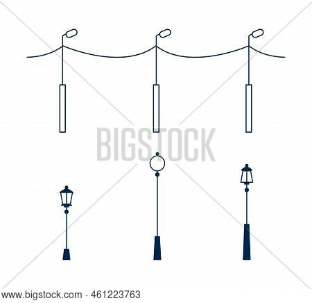 Line Art City And Outdoor Elements. Set Of Urban Town Objects, Outdoor Lighting. Outline Street Lamp