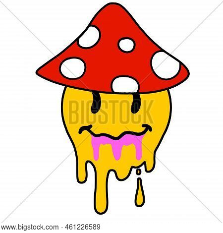 Acid Smile Face With Brain. Melted Rave And Techno Symbol Of 90s. Crazy Mushroom