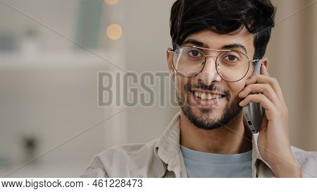 Portrait Indoor Male Customer Client Business Man Guy Boyfriend With Glasses Arab Talking Mobile Pho