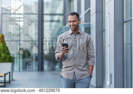 Successful Young African American Man Walking Outside Office Building, Engineer Software Developer P