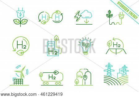 Green Hydrogen Production. Icons Collection. Pictograms Set