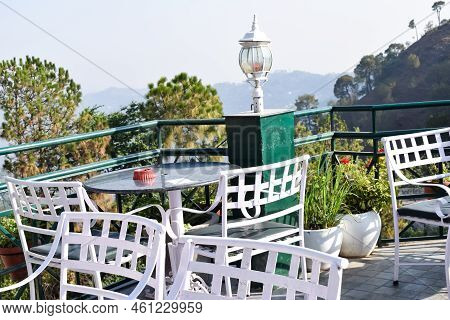 Early Morning View Of Modern Rooftop Restaurant At Kasauli, Himachal Pradesh In India, View Of Mount