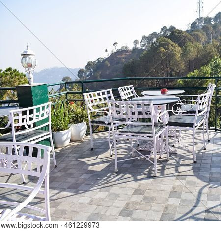 Early Morning View Of Modern Rooftop Restaurant At Kasauli, Himachal Pradesh In India, View Of Mount