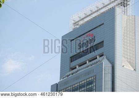 Singapore Orchard Road 2 June 2022. Singtel Company Logo On A Buildings