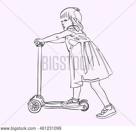 Kid Girl On Scooter, Continuos Line Minimalist Sketch, Quick Sketch, Happy Childhood Concept