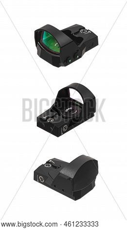 Modern Optical Collimator Sight. Aiming Device For Shooting At Short Distances. Isolate On A White B