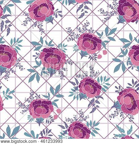 Violet Purple Peonies Leaves Bunches On Criss Cross Vector Seamless Repeating Pattern Background. Gr