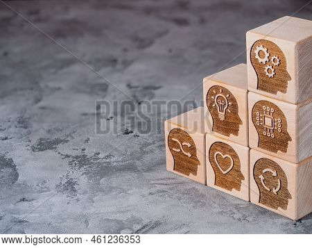 Soft power skills symbols on wooden cubes as a concept of new skill, reskilling and upskilling