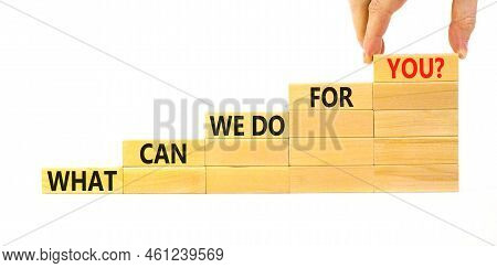 Support Symbol. Concept Words What Can We Do For You On Wooden Blocks On A Beautiful White Table Whi