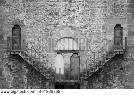 Exterior Of Antique Building With Escher Architecture Style. Simmetry And Geometric Perspective.