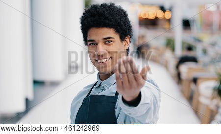 Friendly African American Young Guy Male Waiter Salesman Restaurant Cafe Kitchen Bar Worker In Apron