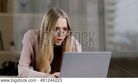 Emotional Shocked Caucasian Millennial Business Woman Student Worker User Receiving Bad News Message