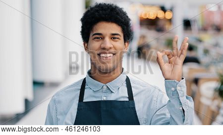 Young African American Male Worker Waiter Salesman In Apron Man Small Business Owner Of Cafe Restaur