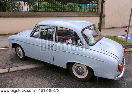 Krakow, Poland - July 3, 2021: Fso Syrena 105 Vintage Polish Car Parked In Krakow. The Car Is A Symb
